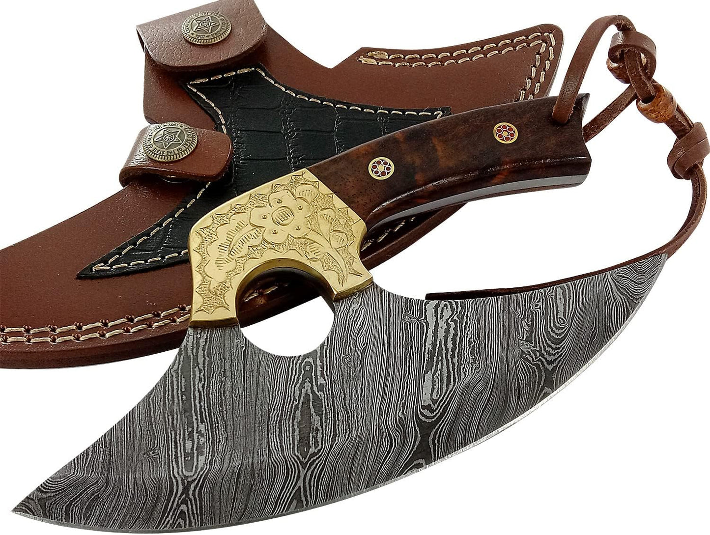 Damascus Steel Alaskan Ulu Knife Fixed Blade knife for Chopping Boning Slicing Cutting Rose Wood Handle Sheath