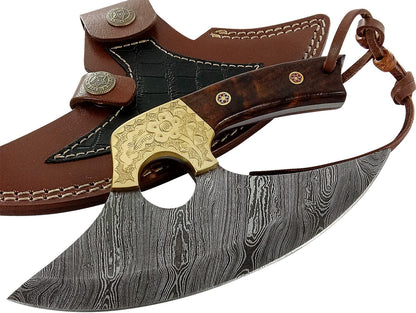 Damascus Steel Alaskan Ulu Knife Fixed Blade knife for Chopping Boning Slicing Cutting Rose Wood Handle Sheath