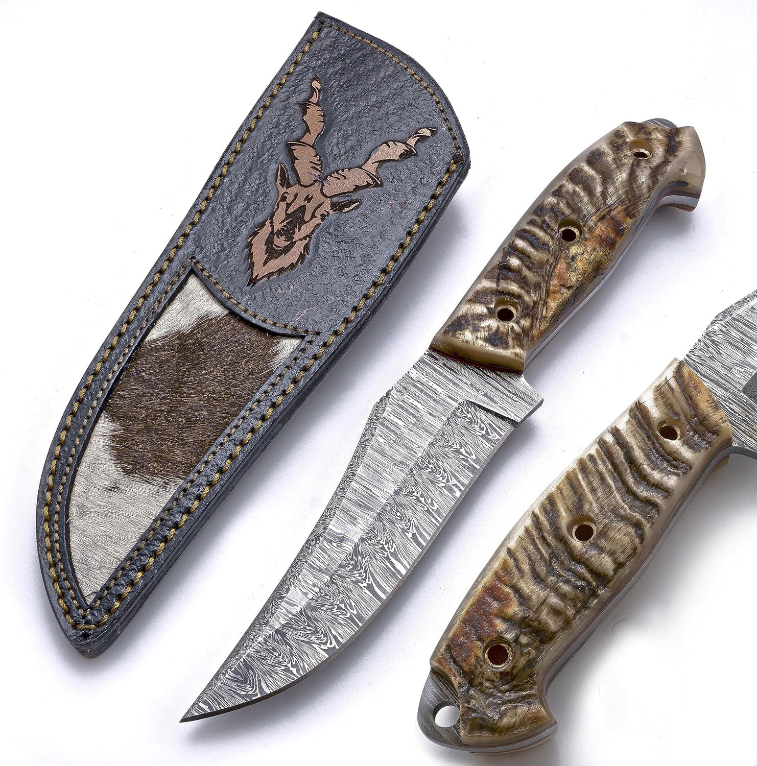 Damascus hunting knife fixed blade 10 Inches Handmade Knife with Sheath Sheep Horn Handle Fire Pattern Outdoor Camping