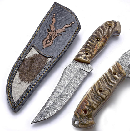 Damascus hunting knife fixed blade 10 Inches Handmade Knife with Sheath Sheep Horn Handle Fire Pattern Outdoor Camping