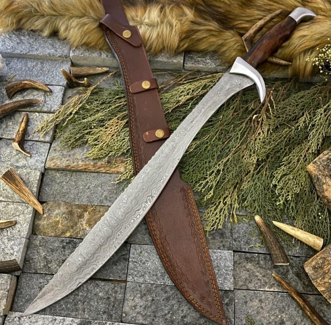 Damascus Sword 34 Inch Damascus Steel Blade Sword with Leather Sheath Calymore Viking Sword