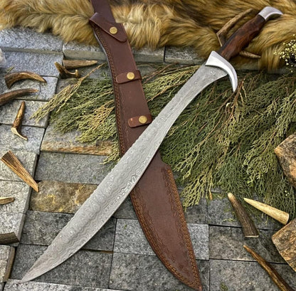 Damascus Sword 34 Inch Damascus Steel Blade Sword with Leather Sheath Calymore Viking Sword