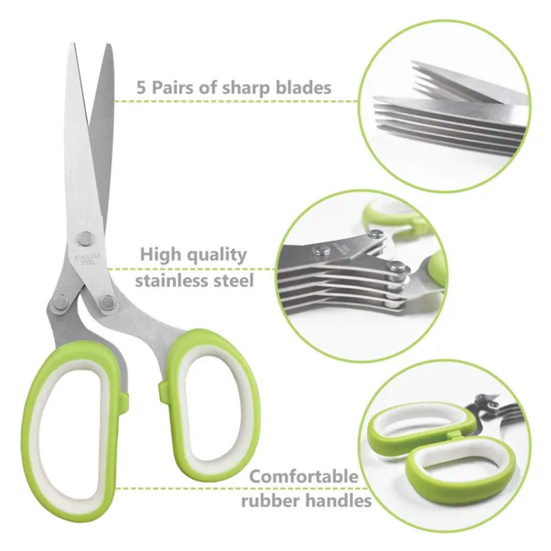Multifunctional 5 Layers Stainless Steel Knives Kitchen Scissors Scallion Cutter Herb Laver Spices Cook Cut Shredders