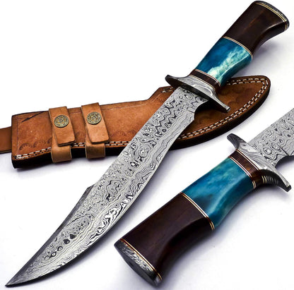 Handmade Damascus Steel 15 Inches Bowie Knife Solid Marindi Wood and Bull Horn Bone Handle With Leather Sheath