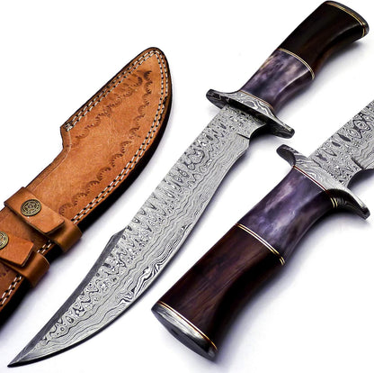 Handmade Damascus Steel Fixed Blade Bowie Knife with Leather Sheath Full Tang Multipurpose Knife Outdooor Camping
