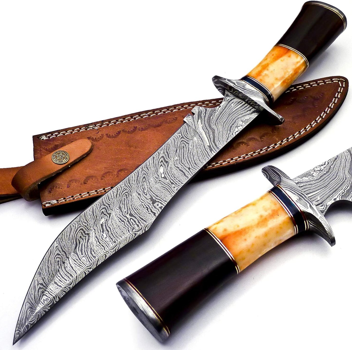 Handmade Damascus Steel 15 Inches Bowie Knife Rose Wood Bone & Bull Horn Handle With Scabbard Viking Camping