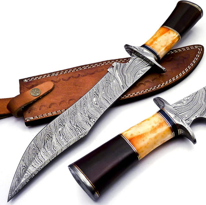 Handmade Damascus Steel 15 Inches Bowie Knife Rose Wood Bone & Bull Horn Handle With Scabbard Viking Camping