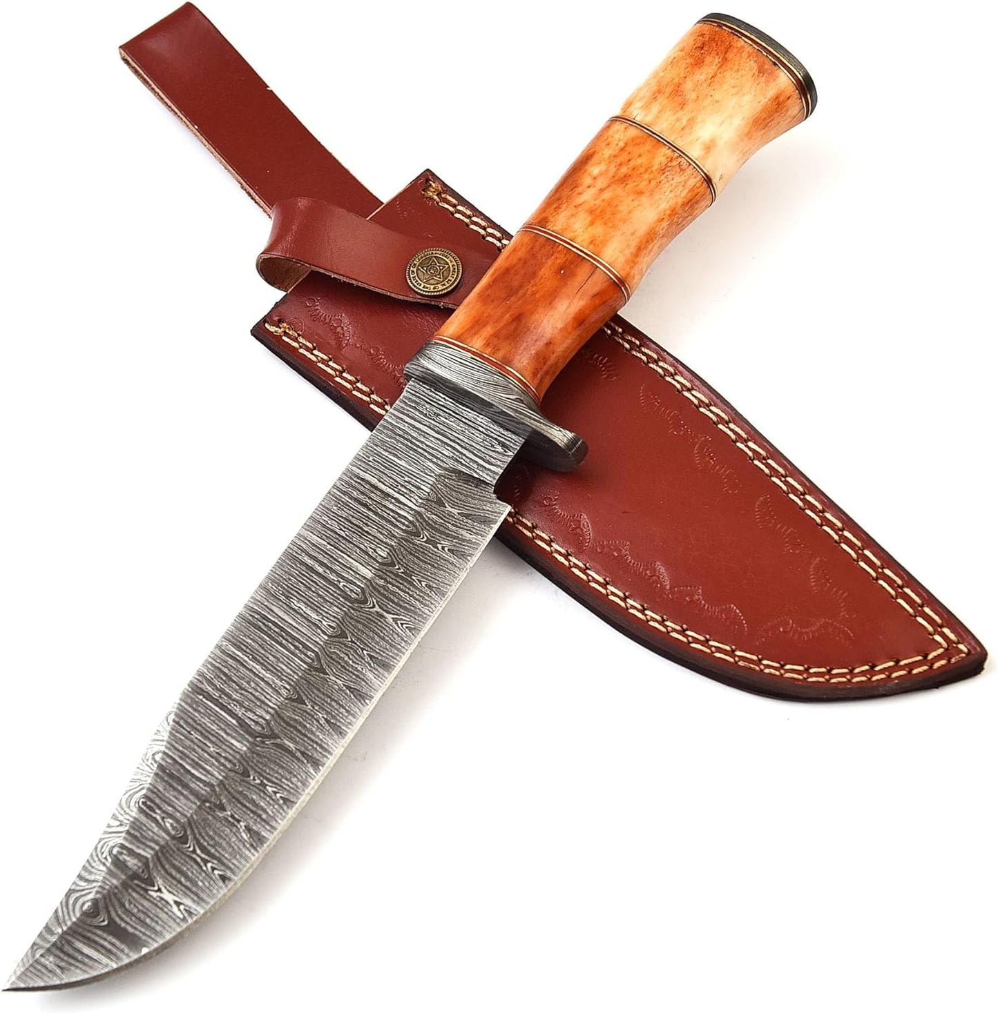 12 Inche Handmade Damascus Steel Bowie knife Hunting Knife Coloured Camel Bone Brass Spicer Handle Damascus Guard