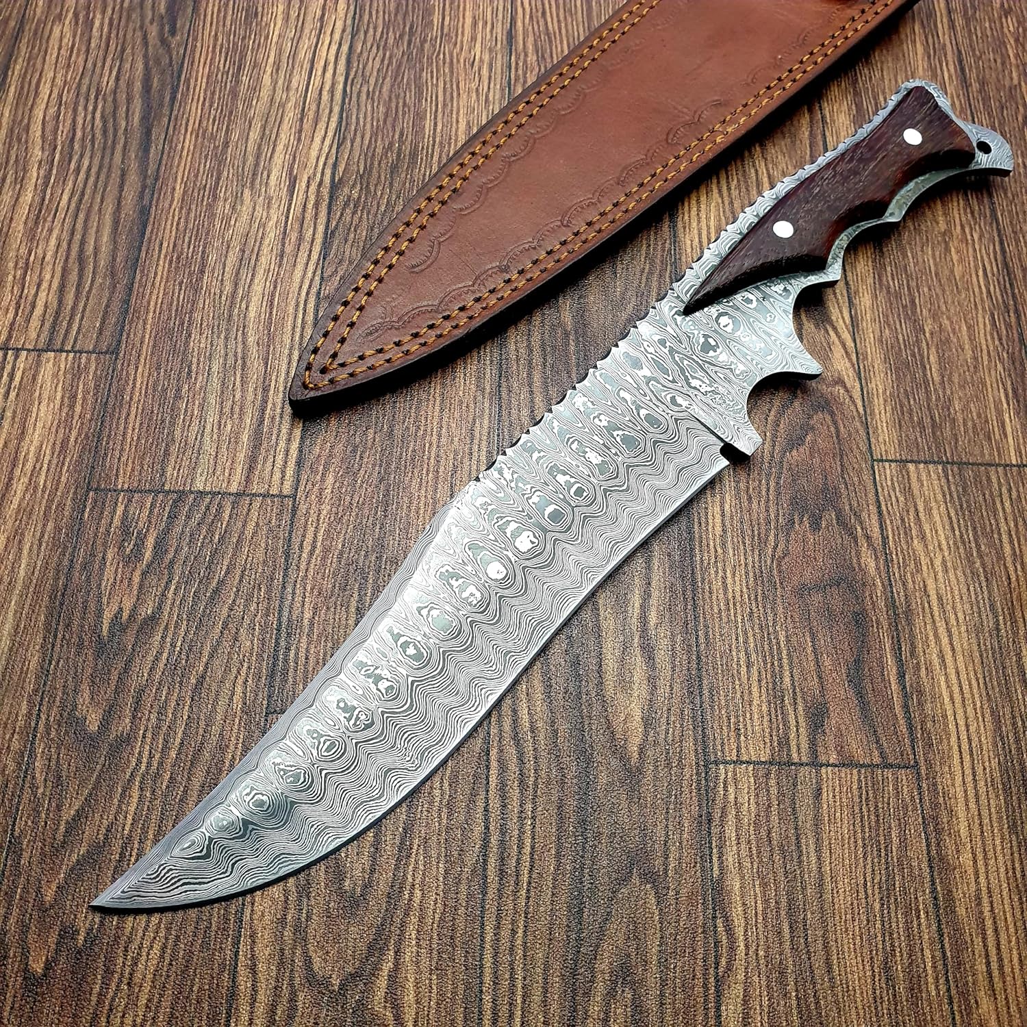 Bowie Knife15 Inch Handmade Damascus hunting knife fixed blade knife Bowie Knife With sheath Wood Handle knife