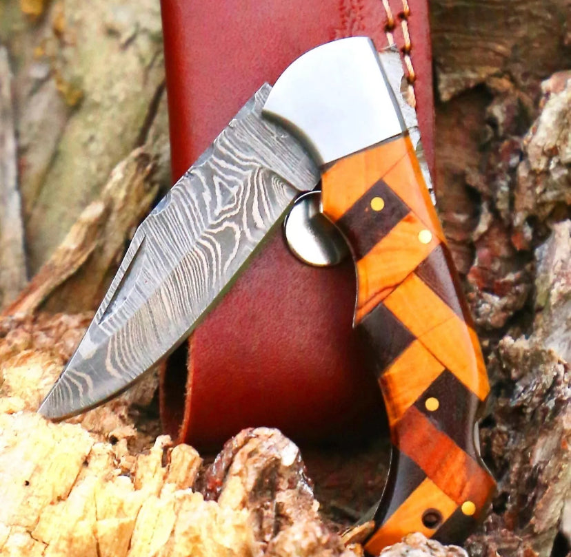 Handmade Damascus Knife Hunting Folding Knife with Sheath Cocobolo Wood EDC With Leather Sheeth