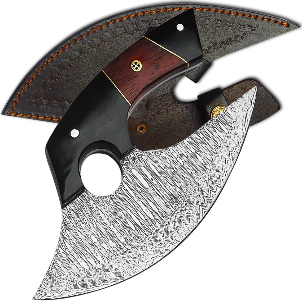7 Inches Damascus ULU Knife with Leather Sheath Handmade Pizza Cutter with Non-Slip Handle Alaskan Ulu Slicing