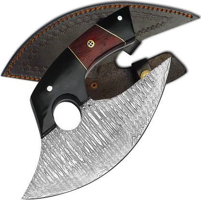 7 Inches Damascus ULU Knife with Leather Sheath Handmade Pizza Cutter with Non-Slip Handle Alaskan Ulu Slicing