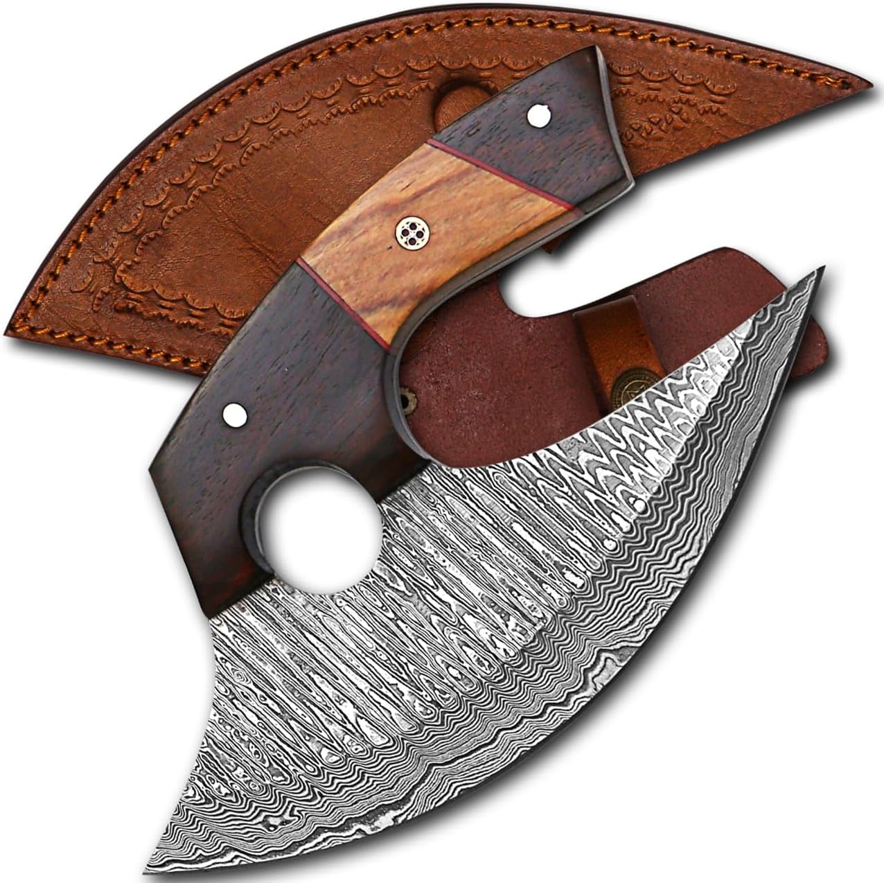 7 Inches Damascus ULU Knife with Leather Sheath Handmade Pizza Cutter with Non-Slip Handle Alaskan Ulu mincing