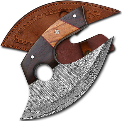 7 Inches Damascus ULU Knife with Leather Sheath Handmade Pizza Cutter with Non-Slip Handle Alaskan Ulu mincing