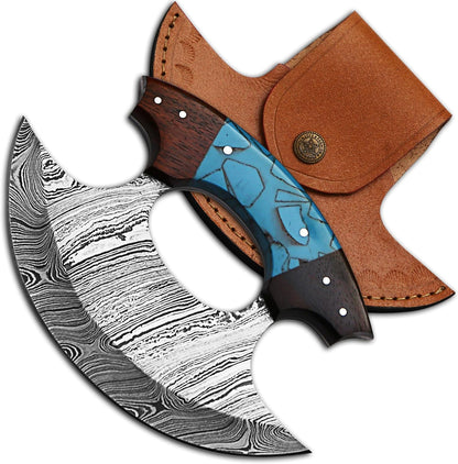 5 Inches Damascus ULU Knife with Leather Sheath Handmade Pizza Cutter with Non-Slip Handle Alaskan Ulu Rocker