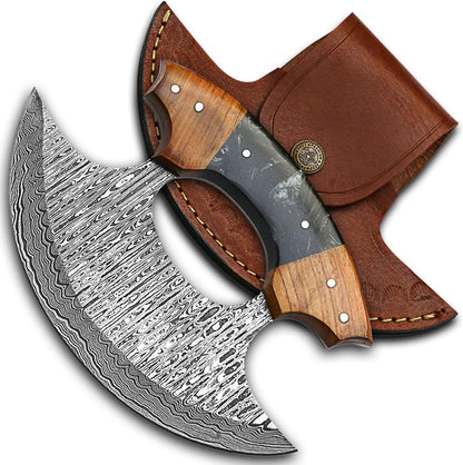 5 Inches Damascus ULU Knife Cow Leather Sheath Handmade Pizza Cutter with Non-Slip Handle Alaskan Ulu Rocker