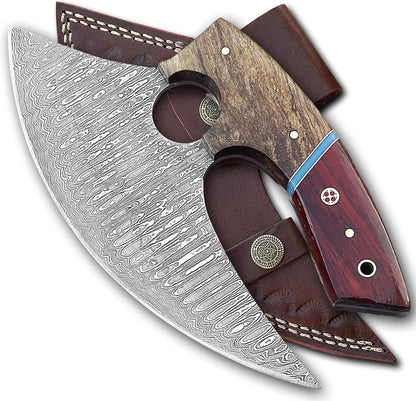 5 Inches Damascus ULU Knife Cow Leather Sheath Handmade Pizza Cutter with Non-Slip Handle Ideal Alaska gifts