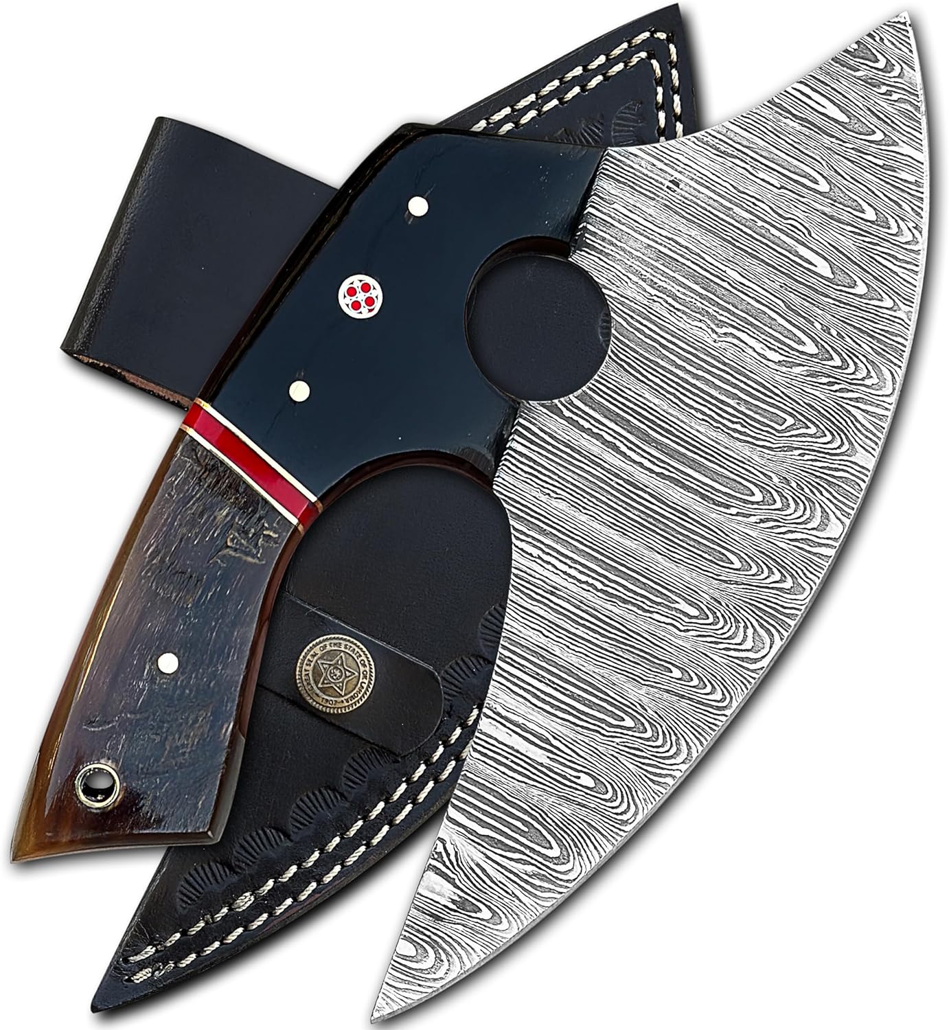 5 Inches Damascus ULU Knife Cow Leather Sheath Handmade Pizza Cutter with Non-Slip Handle Ideal Alaska Rocker