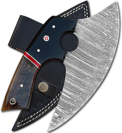 5 Inches Damascus ULU Knife Cow Leather Sheath Handmade Pizza Cutter with Non-Slip Handle Ideal Alaska Rocker