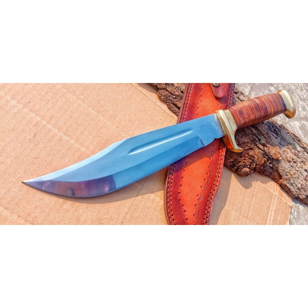 Crocodile Dundee Bowie Knife Custom Handmade Bowie Leather Handle D2 Mirror Poli