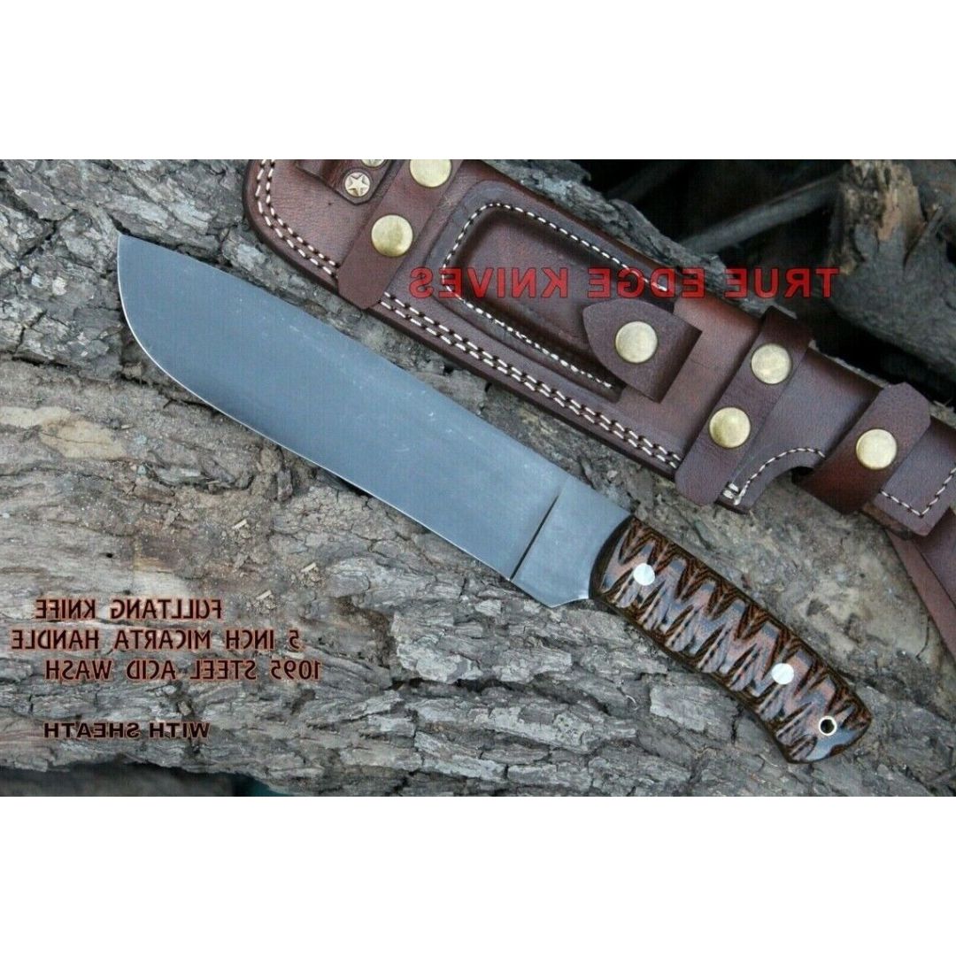 Acid Washed Hunting Knife Full Tang Custom Handmade Bowie Survival EDC Knife Carbon Steel Blade Brown Micarta Handle