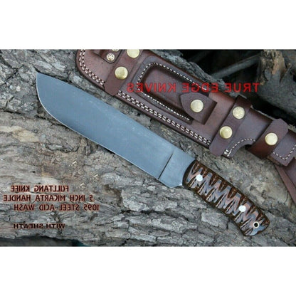 Acid Washed Hunting Knife Full Tang Custom Handmade Bowie Survival EDC Knife Carbon Steel Blade Brown Micarta Handle