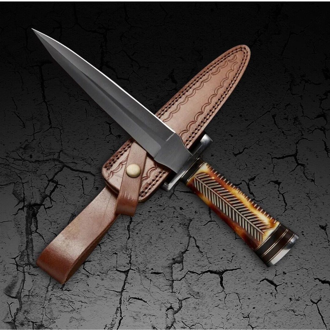 Hand Engraved Handle Dagger Knife Camel Bone Handle Double Edged Hunting Knife