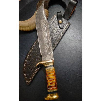 Damascus Steel Forged Bowie Knife Crocodile Dundee Knife Camel Bone Handle Knife