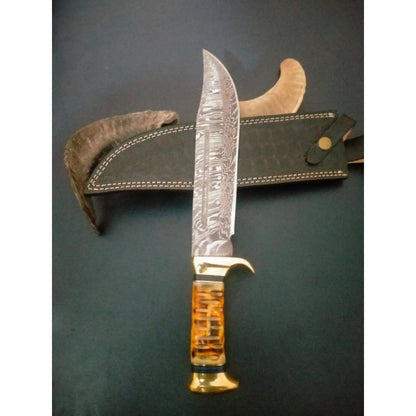 Damascus Steel Forged Bowie Knife Crocodile Dundee Knife Camel Bone Handle Knife (6).jpg