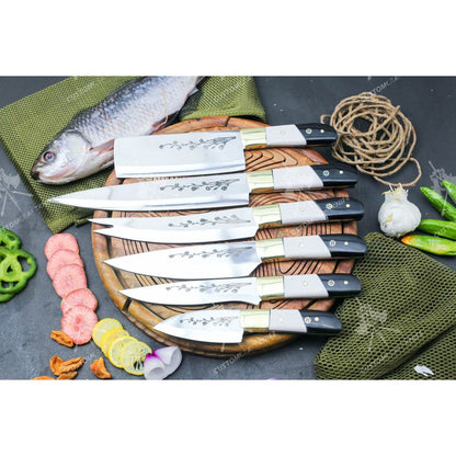 Chef Knife Set Handmade D2 Steel Full Tang Kitchen Knife Set Camel Bone & Buffalo Horn