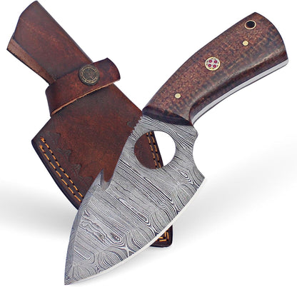 Custom Damascus Steel Hunting Knife with Sheath, Handmade 7" EDC Fixed Blade Skinning Knife with Gut Hook for Men