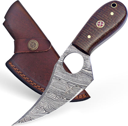Damascus Steel Hunting Knife with Sheath, Handmade 7" EDC Fixed Blade Skinning Knife for Men Outdoor Camping