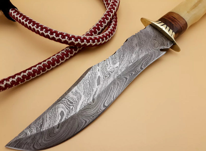 HANDMADE CUSTOM FORGED HUNTING CAMPING BOWIE KNIFE CAMEL BONE & ORIGNAL LEATHER SHEATH