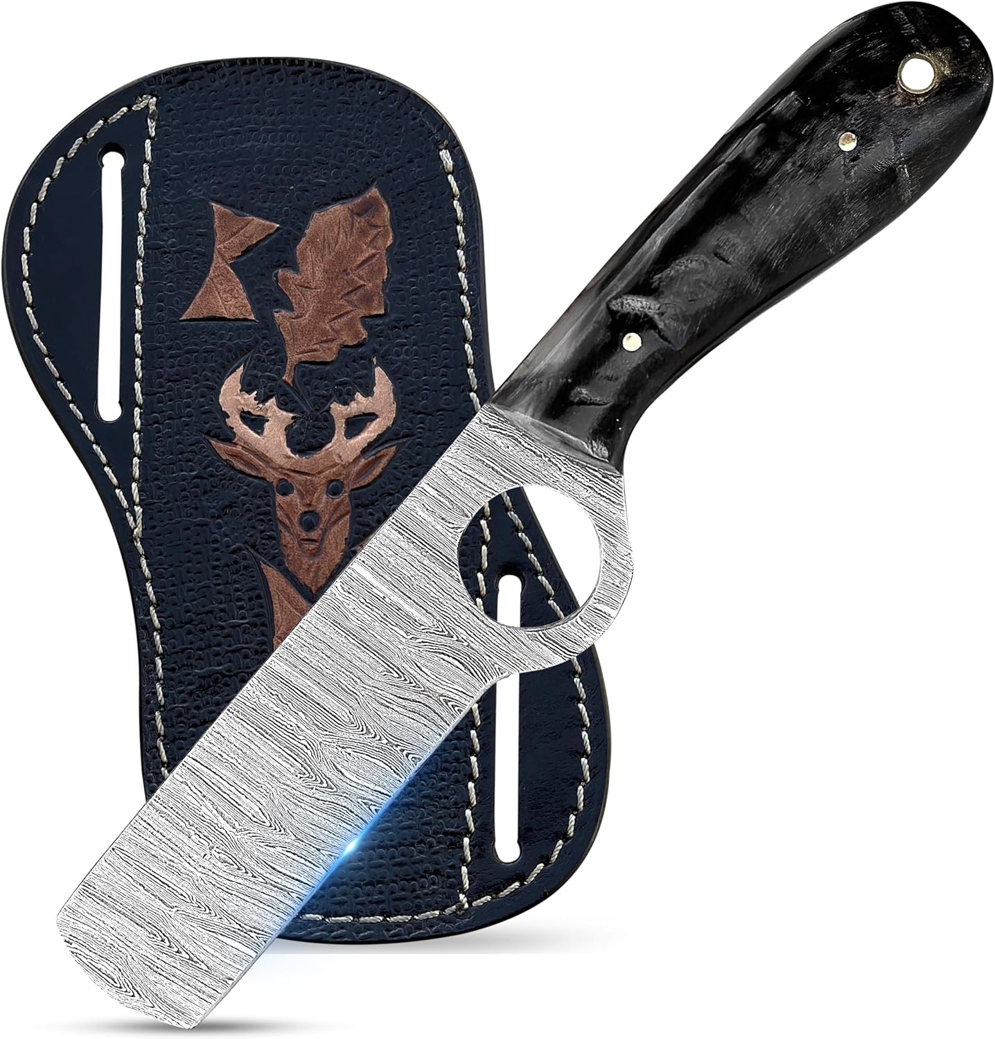 Ring Handmade Bull cutter knife outdoor comping skinning cowboy knives with pancake leather sheath Black Stag