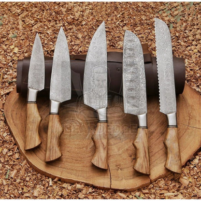 Chef Knife Set Custom Handmade Damascus Steel Full Tang Camping Hunting Set  (1).jpg