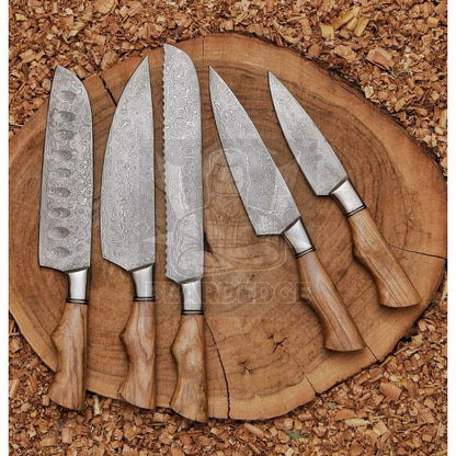 Chef Knife Set Custom Handmade Damascus Steel Full Tang Camping Hunting Set  (4).jpg