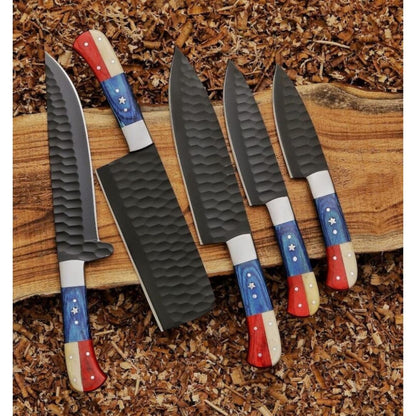 USA Flag Handle Chef Set Custom Handmade Kitchen Knife Set Camping Hunting Knive (1).jpg