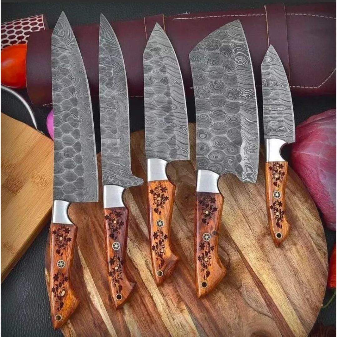 Engraved Handles Chef Set Fully Forged Damascus Steel Camping Knives Outdoor Hun