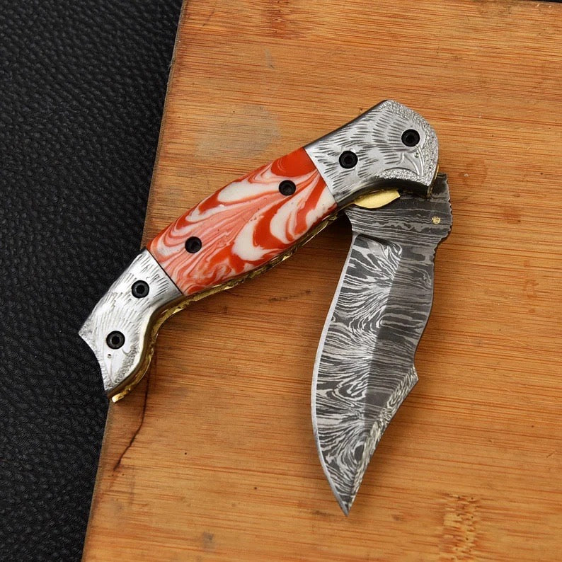 Handmade Folding Knife , Damascus Steel Pocket Knife , Christmas Gift , Gift For Boyfriend, Anniversary Gift