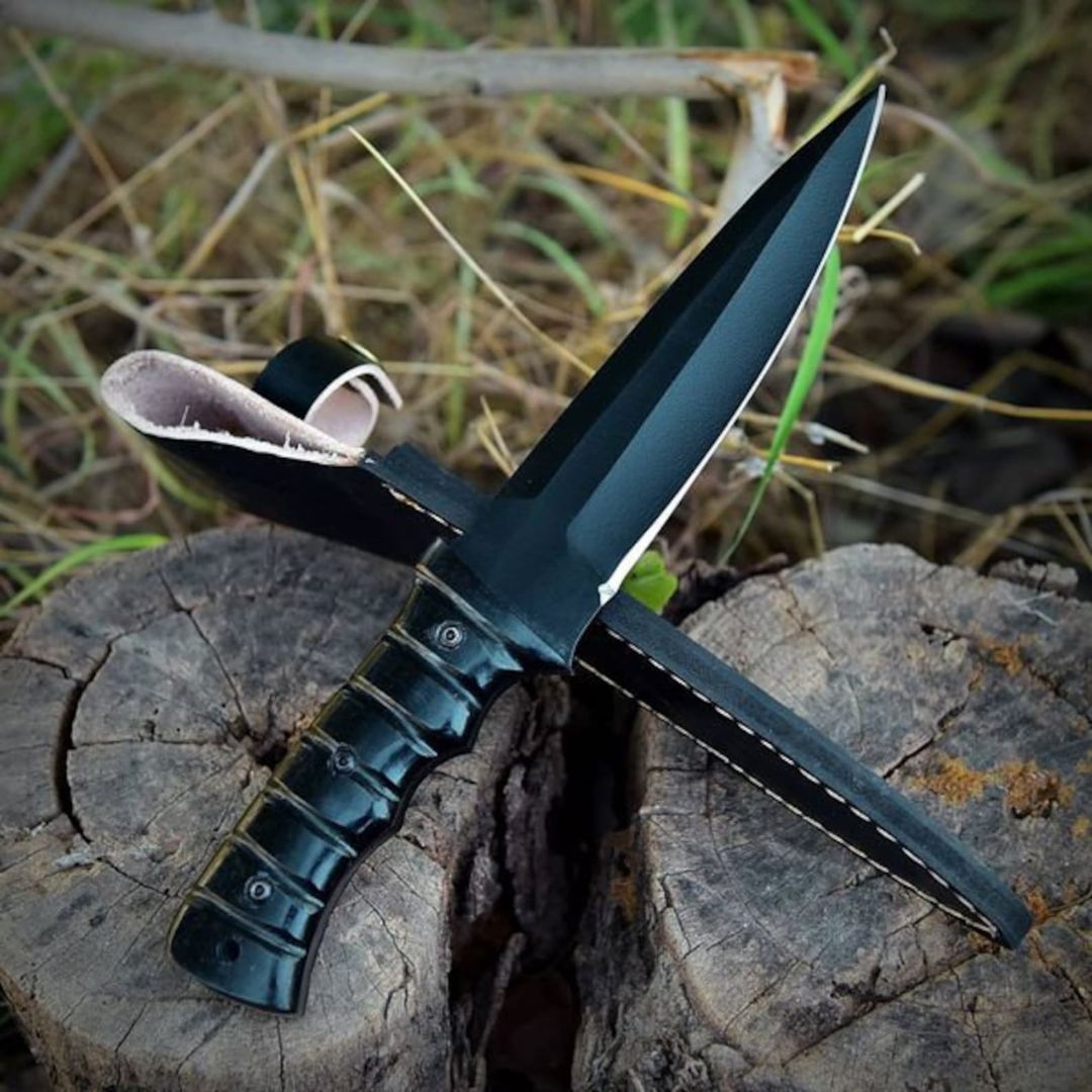 Black Powder Coated Fixed Blade Knife Handmade Hunting Survival Buffalo Horn