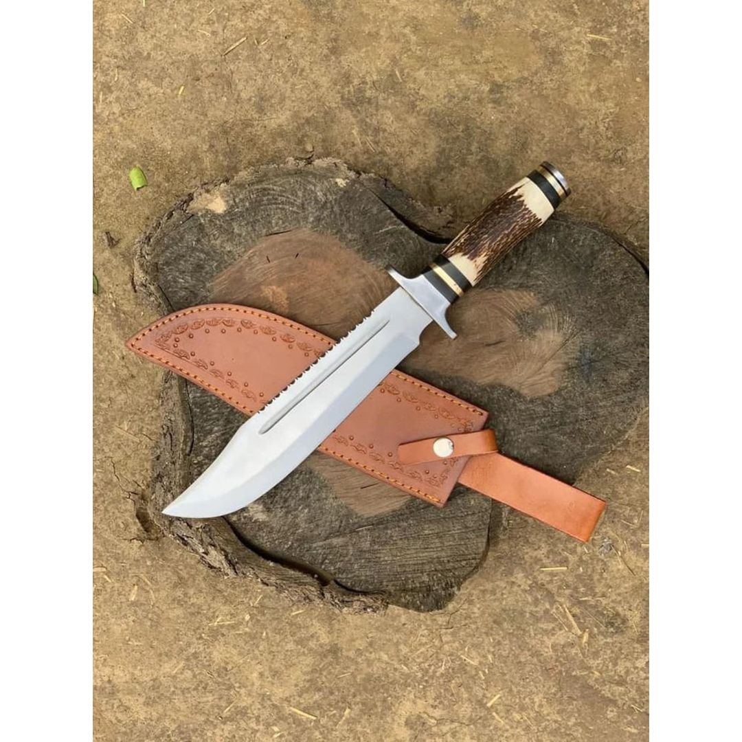 Stag Antler Handle Bowie Knife Custom Handmade Bowie Survival Knife Hunting (4).jpg