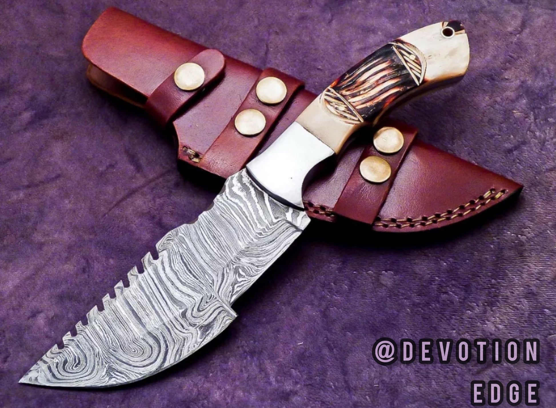 HANDMADE DAMASCUS STEEL TRACKER KNIFE, FULL TANG CAMPING HUNTING KNIFE, With Leather Sheath