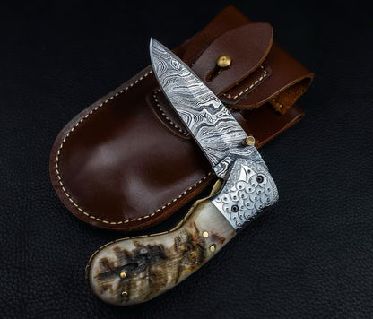 Handmade Damascus Steel Folding Knife , Hand Forged Edc Pocket Knife , Christmas Gift , Gift For Boyfriend