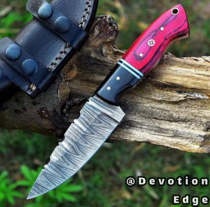 Custom Handmade Damascus Bushcraft Survival Camping Fixed Blade Hunting Knife With Leather Sheath
