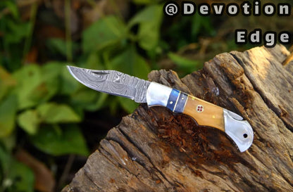 Damascus Handmade Folding Pocket knife Damascus Steel Knife With Leather Sheath