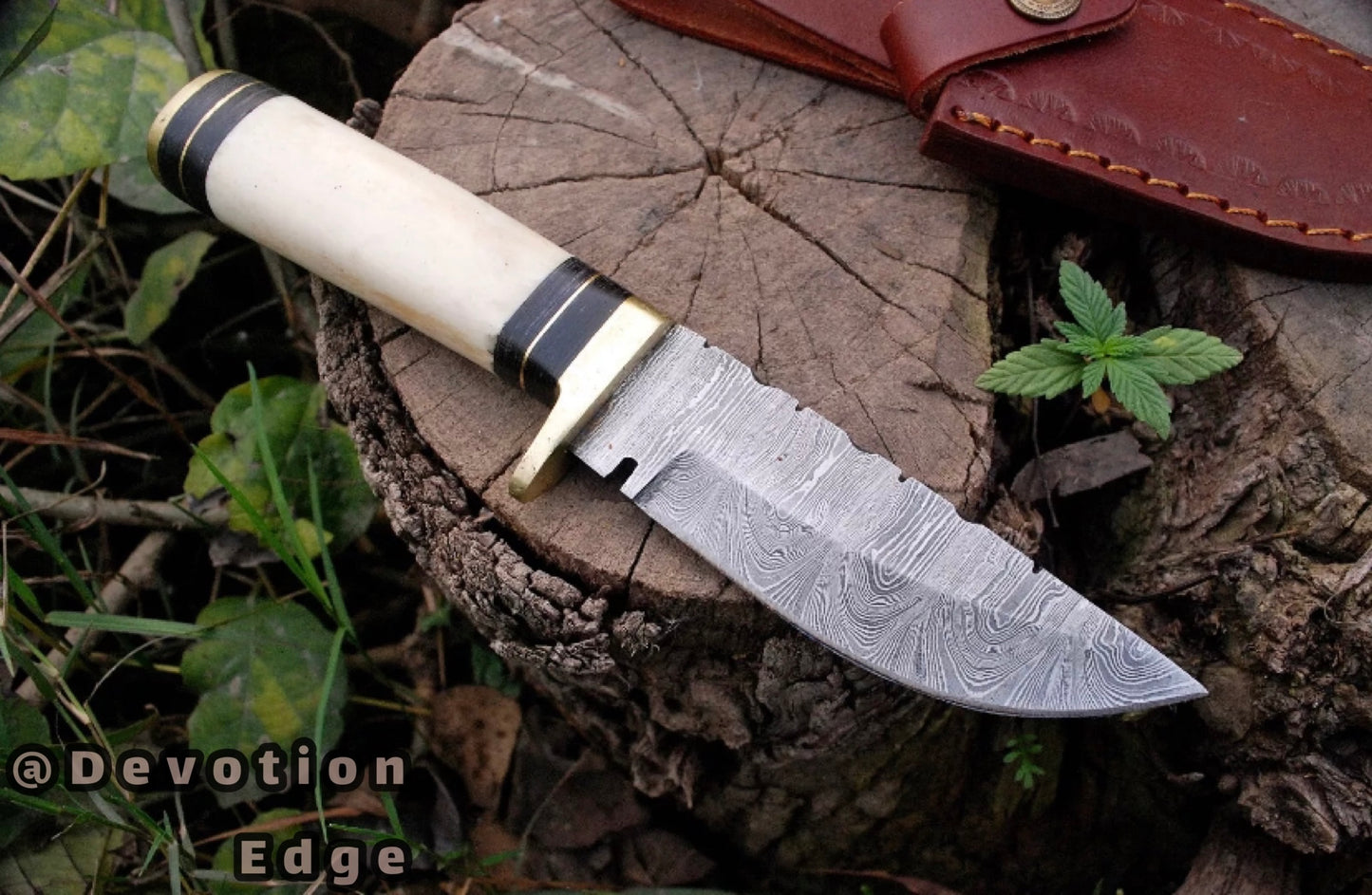 DAMASCUS FORGE CUSTOM HANDMADE HUNTING TACTICAL SURVIVAL BOWIE KNIFE BONE SHEATH