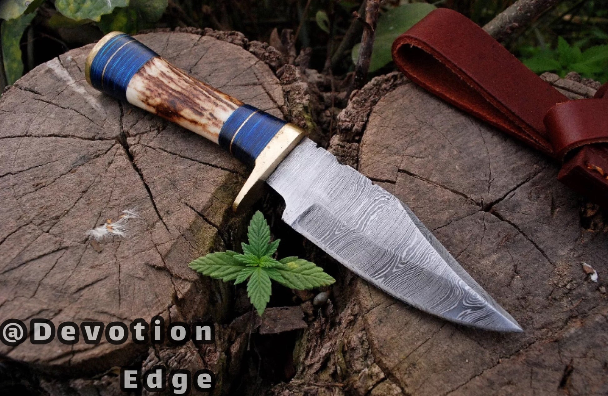 HANDMADE DAMASCUS STAG ANTLER HUNTING TACTICAL SURVIVAL BOWIE KNIFE SHEATH