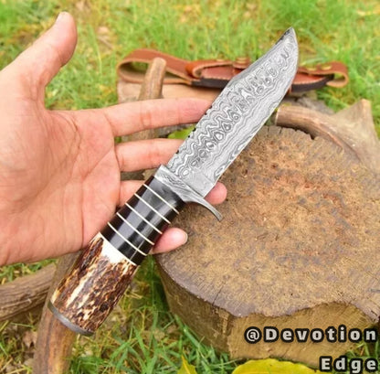 Devotion Edge Custom Handmade Damascus Steel Stag Horn Handle Hunting Bowie Knife with Leather Sheath