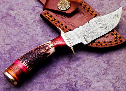 Hand Forged Bowie Knife, Hunting Knife, Damascus Brass Guard EDC With Leather Sheath