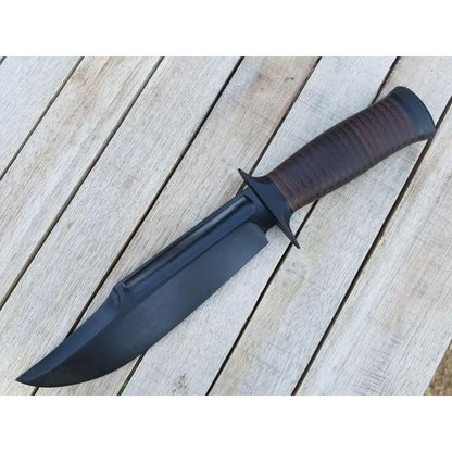 440c Black Carbon Steel Bowie Knife Leather Handle Hunting Knife Survival Camp